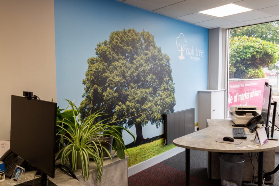 An office showcasing tree-inspired branding on the wall.