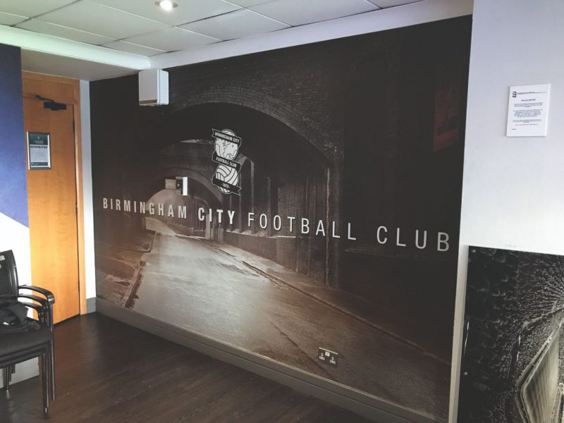 Office branding with a Birmingham city football club wall mural.