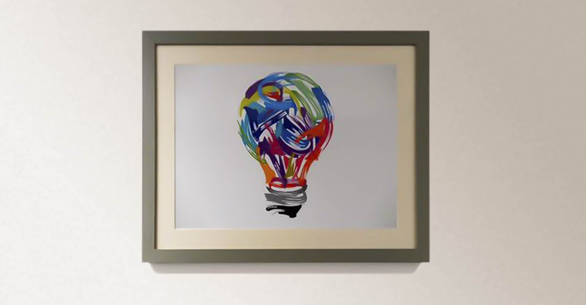 A framed art print of a colorful light bulb perfect for office branding.