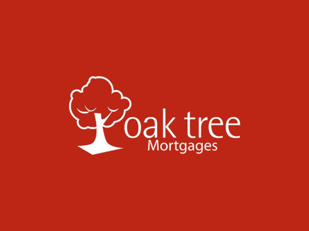 Oak tree mortgages office branding logo on a red background.