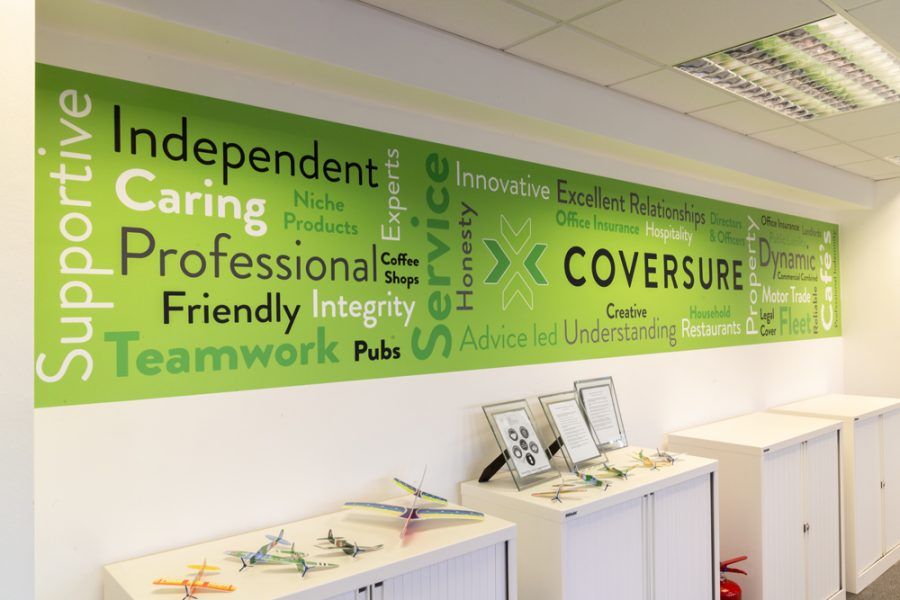 A green wall in an office with different words on it.